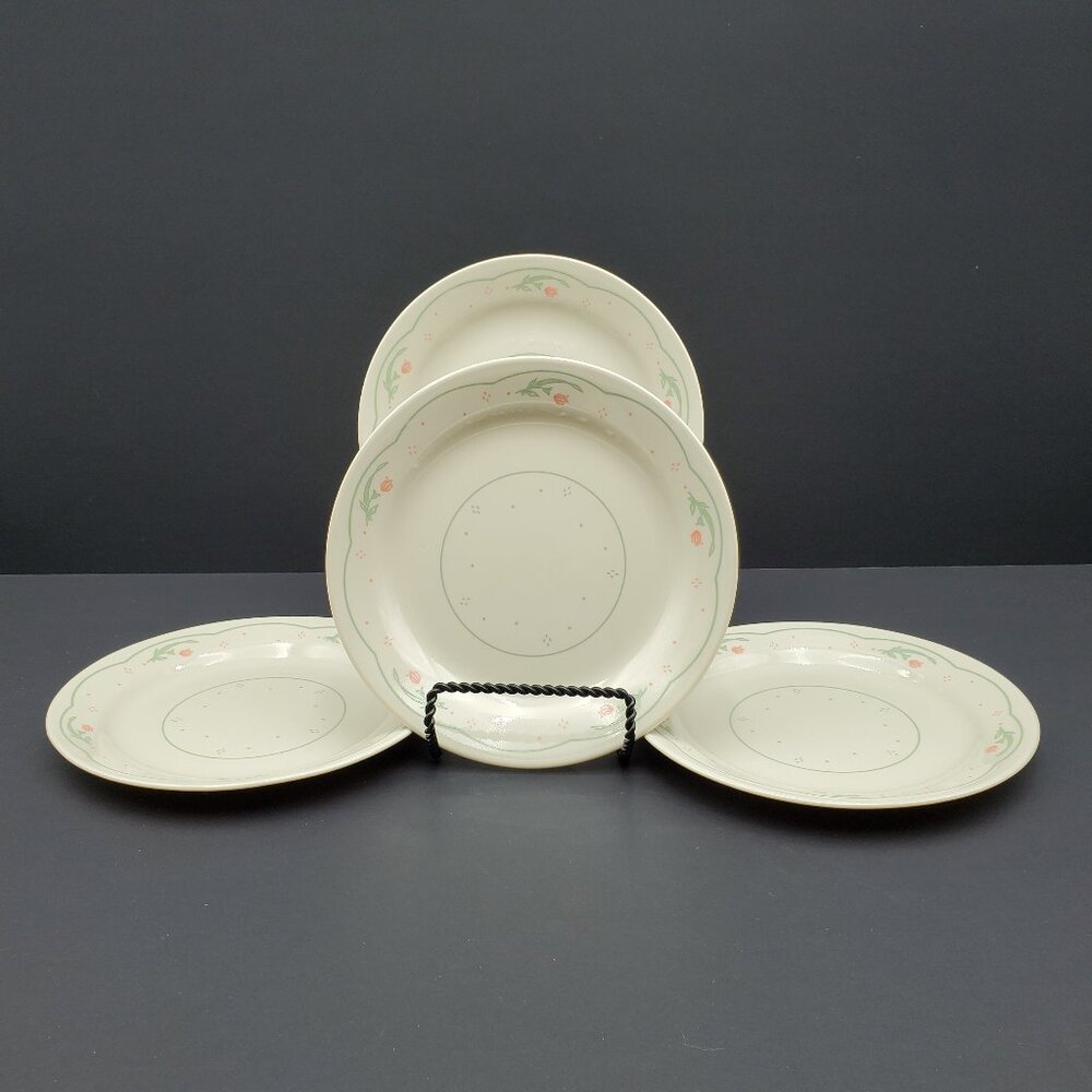 Corelle Calico Rose Salad Dessert Plates Beige Plates Pink Flowers Green Bands